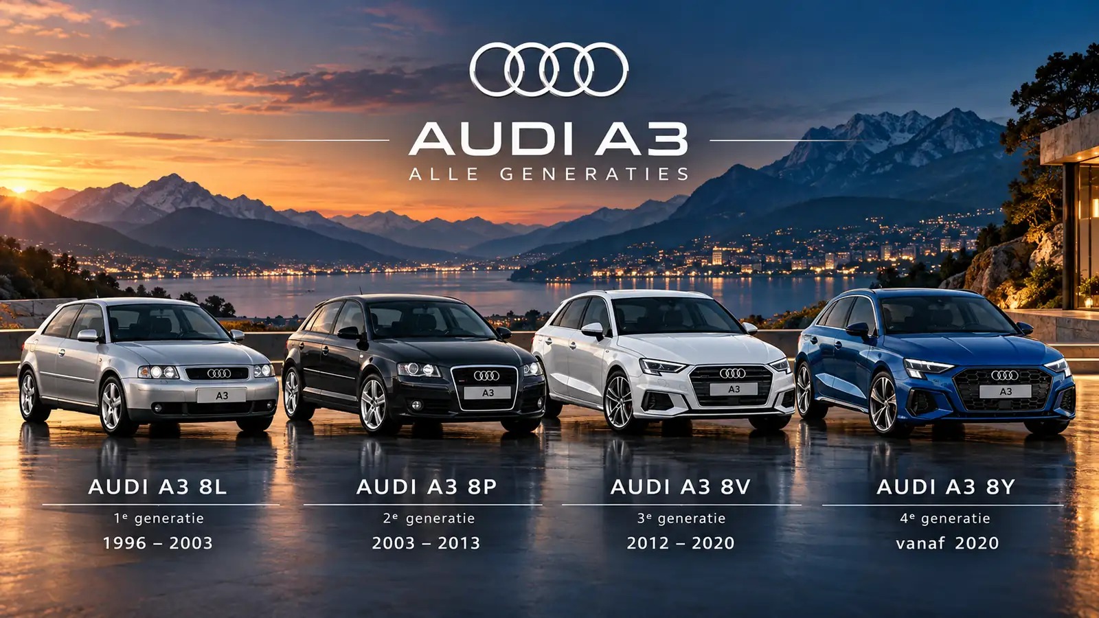 De generaties van de Audi A3 naast elkaar (illustratie)
