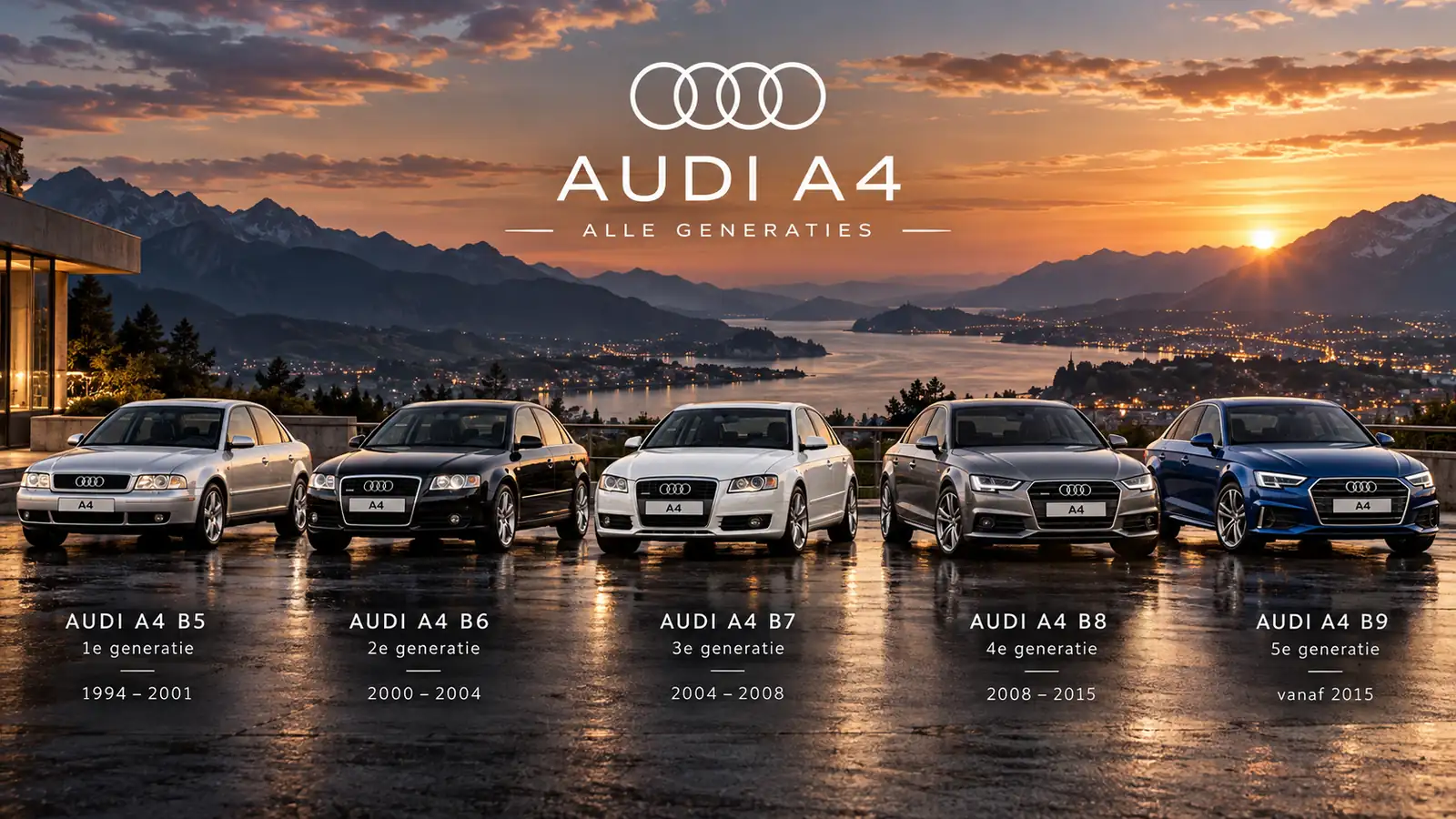 De generaties van de Audi A4 naast elkaar (illustratie)