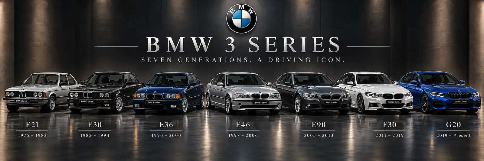 De generaties van de BMW 3 Reeks naast elkaar (illustratie)