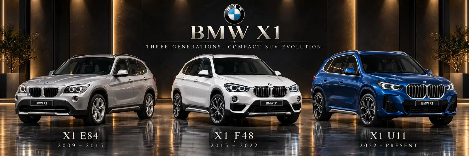 De generaties van de BMW X1 naast elkaar (illustratie)