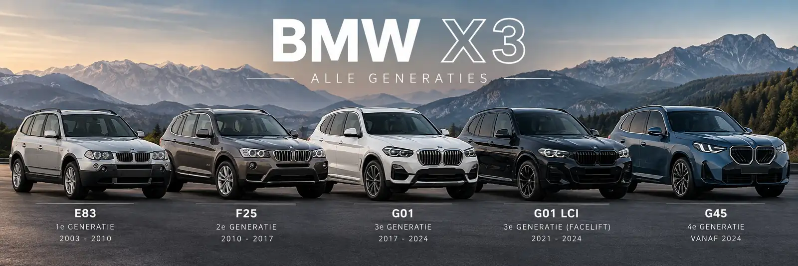 De generaties van de BMW X3 naast elkaar (illustratie)