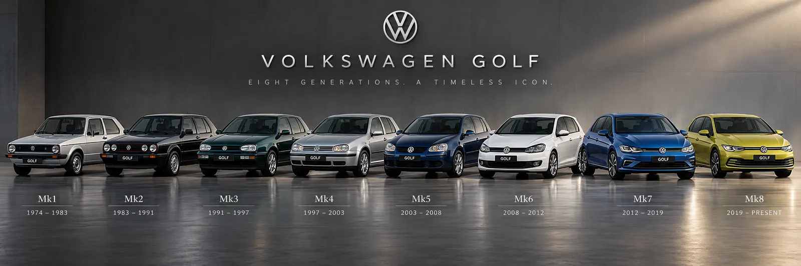 Les huit générations de la Volkswagen Golf côte à côte, de la Golf 1 (1974) à la Golf 8 (2019) (illustration)