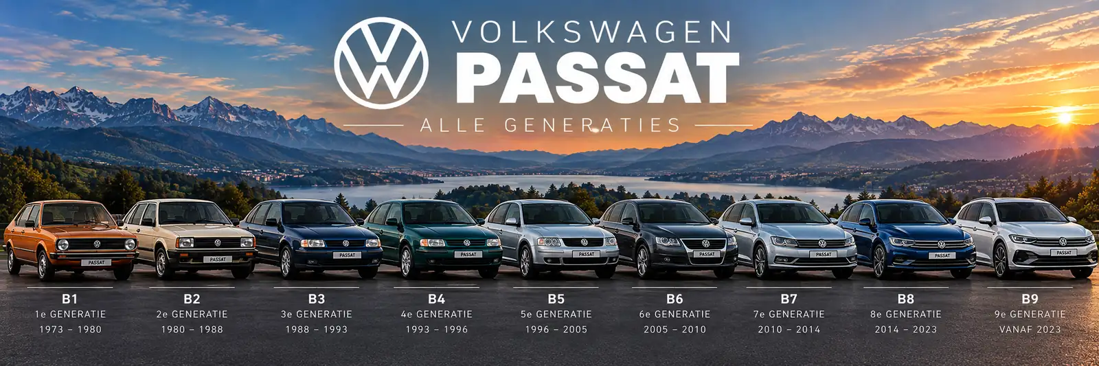 De generaties van de Volkswagen Passat naast elkaar (illustratie)